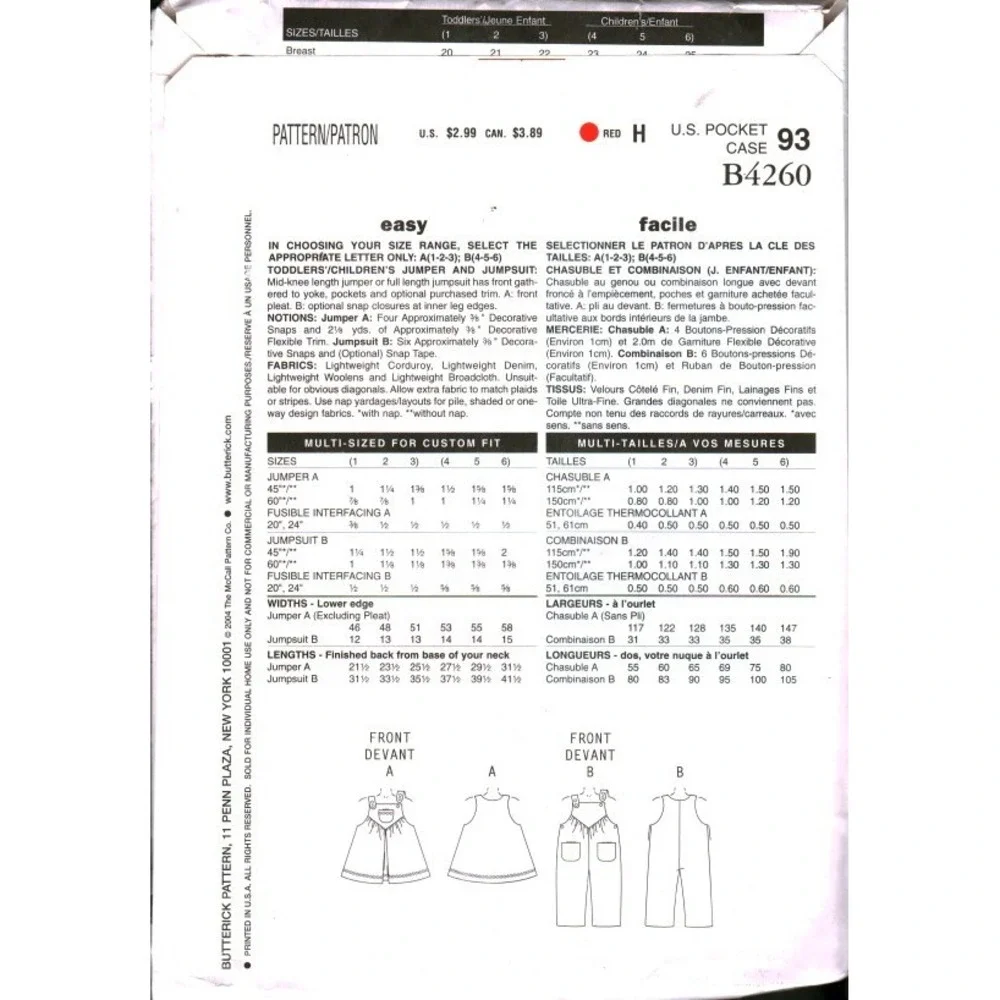 See & Sew B4260 Butterick Kids Jumper Jumpsuit Sewing Pattern Sizes‎ 1-2-3 Easy